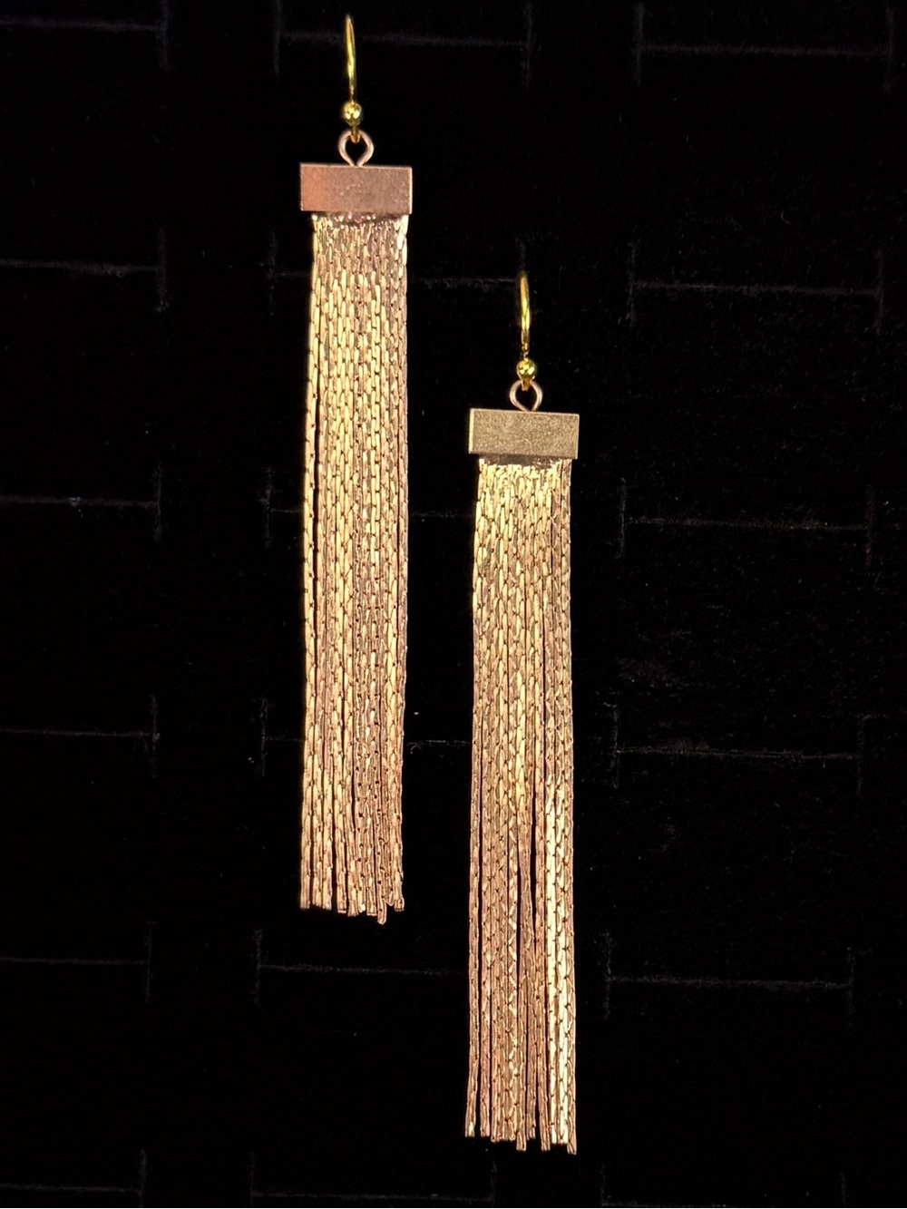 Beautiful Coppertone bling, long fringe, chain costume pierced earrings